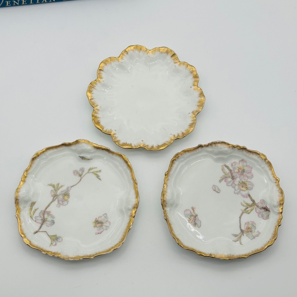 Lanternier Limoges France Porcelain Vintage Floral Gold - Set of 3 Plates